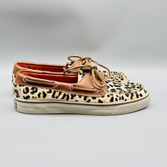 Sperry Shoes Women 7.5 Brown Leather Calf Hair Top Sider Leopard Print Boat Deck - Picture 1 of 13